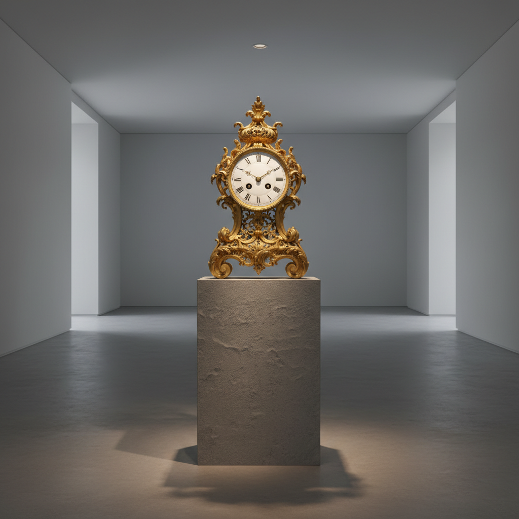 A stately 19th-century French ormolu clock with intricate filigree brasswork and an elegant enamel dial, positioned alone atop an understated stone pedestal within a spacious, softly lit showroom. The surrounding space is calm and minimalist, featuring pale grey walls and a subtle matte finish to the floor, ensuring the focus remains solely on the clock’s craftsmanship and gold sheen. Gentle, directional spot lighting from above creates fine highlights on the brass surfaces and a soft, gentle shadow on the pedestal, communicating a mood of timeless grandeur and expertise. Photographed straight-on at eye level, the balanced, photographic style is ideal for instilling confidence and reassuring potential clients.