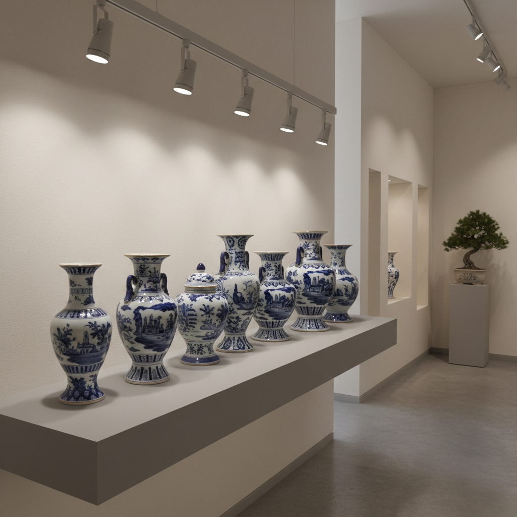 A curated ensemble of antique porcelain vases, each featuring unique hand-painted blue and white designs with delicate gold edging, arranged on a minimalist matte-grey display shelf inside a modern, neutral-toned showroom. Subtle, even track lighting positioned above the display casts gentle illumination, creating understated highlights and soft-edged shadows that enhance the elegant forms and intricate artwork on each vase. The surrounding environment is sparsely decorated, emphasizing clarity and organization. Captured from a slightly elevated angle with a structured, rule-of-thirds composition, the overall effect is sophisticated and reassuring, perfectly in tune with a professional, trustworthy antiques specialist.