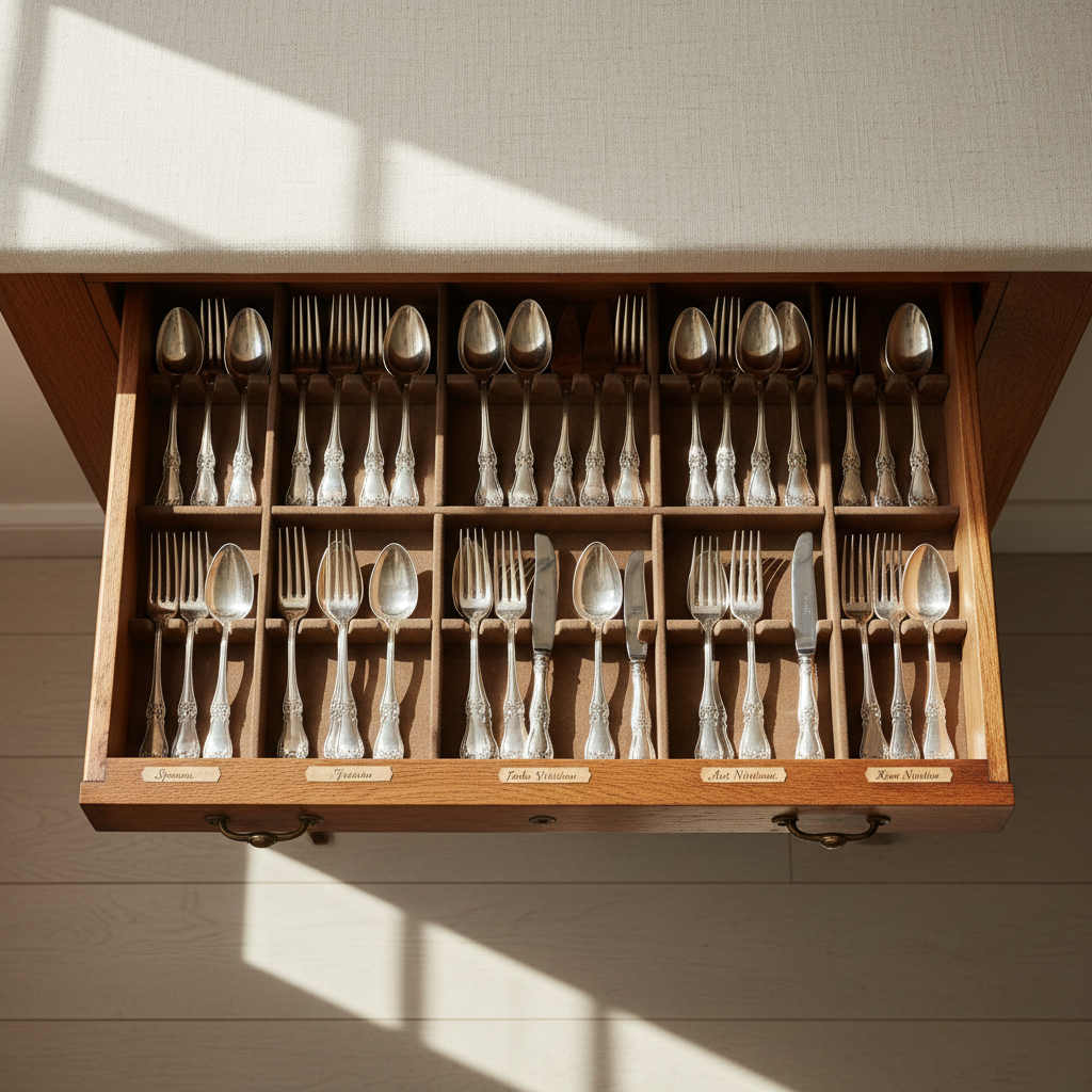A meticulously organized, archival-quality wooden drawer slightly open to reveal neatly cataloged collections of antique silver flatware, each piece shining with a soft luster and subtle patina. The backdrop is a smooth, neutral-toned wall with a hint of textured linen. Soft, diffused daylight from a nearby window creates authentic highlights and delicate shadows, accentuating intricate engravings and the structured arrangement within the drawer. The composition is tightly framed at a top-down, bird’s-eye angle, reflecting methodical precision and clarity. The photographic realism and structured layout embody the trustworthy, calm, and clean aesthetic of a leading antiquities specialist.