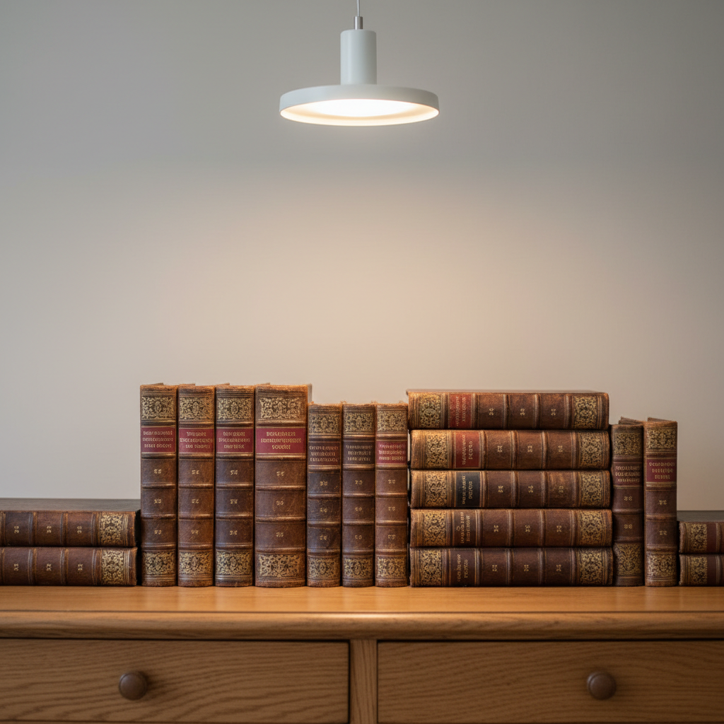 A refined collection of vintage leather-bound books with gilded spines and subtle wear, neatly stacked on an uncluttered, antique oak sideboard. The setup resides within a soft, minimalist interior, featuring light taupe walls and bare surroundings to maintain focus on the books’ exquisite textures and warm, rich tones. Overhead, soft indirect pendant lighting grants an even glow, creating mild highlights on the gilded detailing and gentle shadows, evoking a sense of timeless value and calm. Shot at a low eye-level perspective, with a clean and structured composition, the photograph harnesses a balanced, professional, and inviting mood, ideal for an expert antiquities consultancy.